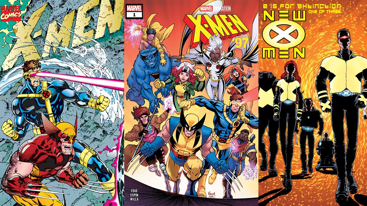 Tre copertine Marvel dedicate agli X-Men con Ciclope, Jean Grey, Wolverine e altri mutanti